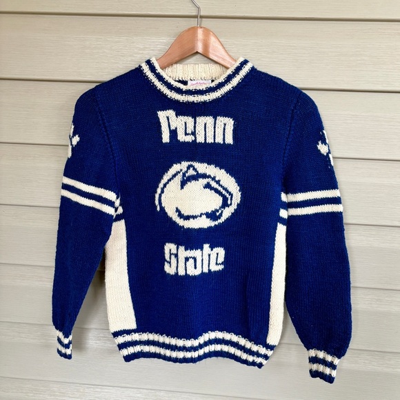 handmade by Grandma Sweaters - Vintage Hand-knit by Grandma Penn State sweater PSU Nittany Lions blue white XS